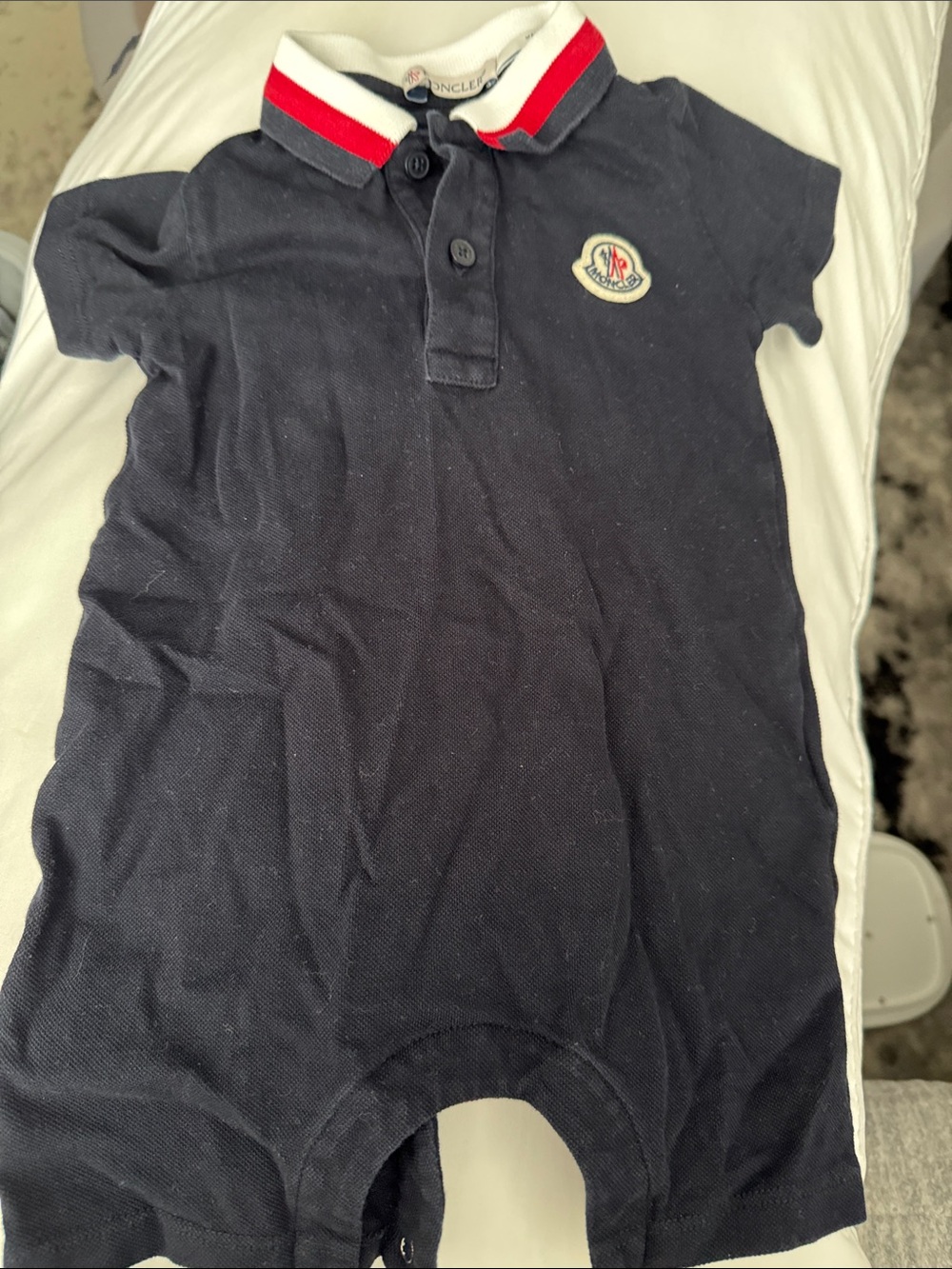 Moncler Navy Romper with Red and White Trim Collar